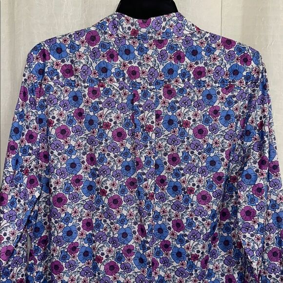 TALBOTS L White Blue Purple Poppy Ditsy Long Sleeve Modern Classic Cotton Shirt - Picture 8 of 15